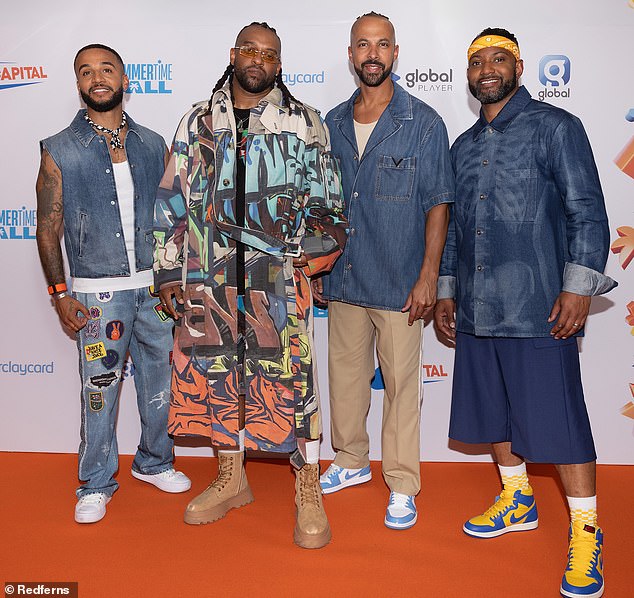 The singer (far left) shared candid snaps of his journey to A&E while hooked up to an IV drip (pictured with JLS bandmates (L-R) Oritse Williams, Marvin Humes and JB Gill on Sunday)
