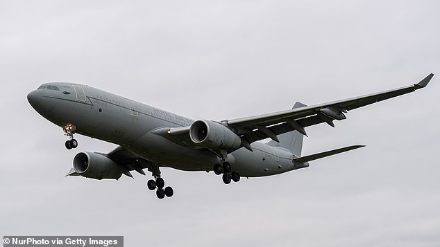 Voyagers, described as a 'petrol station in the sky', can carry up to 109 tonnes of fuel and are used to refuel fighter and compatible heavy aircraft. (File image of RAF Airbus A330 Voyager)