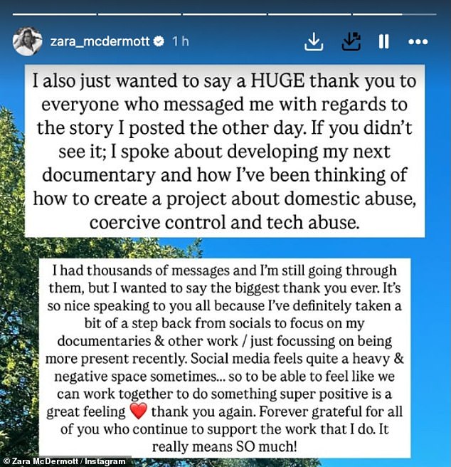 Taking to social media she thanked fans for their support over her recent documentary, before revealing she would be taking a break from her phone to be 'more present'