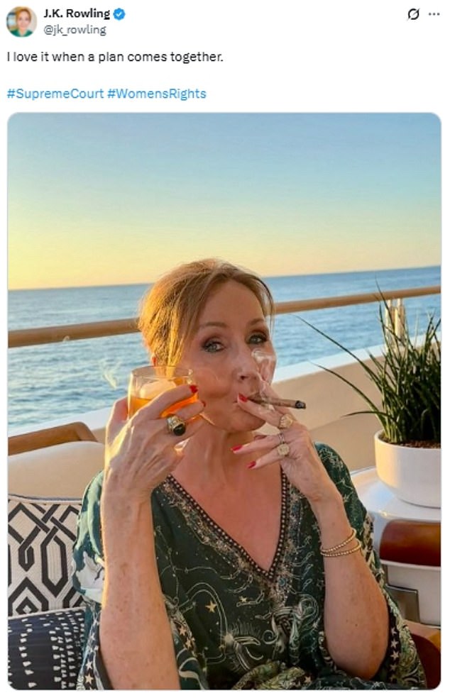 JK has denied being transphobic, but she previously said she would 'happily' go to jail for misgendering a trans person rather than referring to them by their preferred pronouns (Seen celebrating Supreme Court ruling last month)