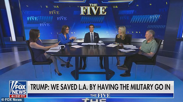 Trump still stood by commentators Jesse Watters (pictured center) and Greg Gutfeld (pictured right), saying the pair are 'terrific' but that they 'd on't see all of these poll numbers and can't, therefore come to my defense. But I can!'