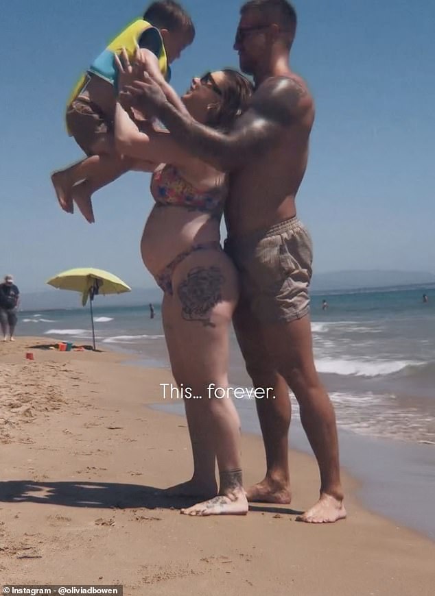 The stunner wore a colourful bikini for the beach trip, accessorising with a pair of dark sunglasses while her husband and son wore beige swimming trunks