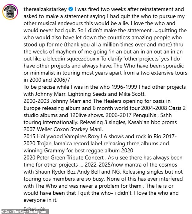 Resharing The Who's post, Zak hit back: 'I was fired and asked to make a statement saying I had quit the who to pursue my other musical endeavours this would be a lie'