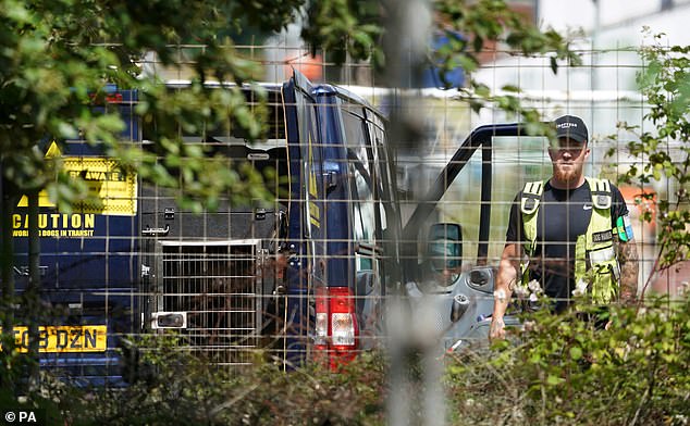Guard dog handlers patrol the perimeter of Manston immigration short-term holding facility in July 2023