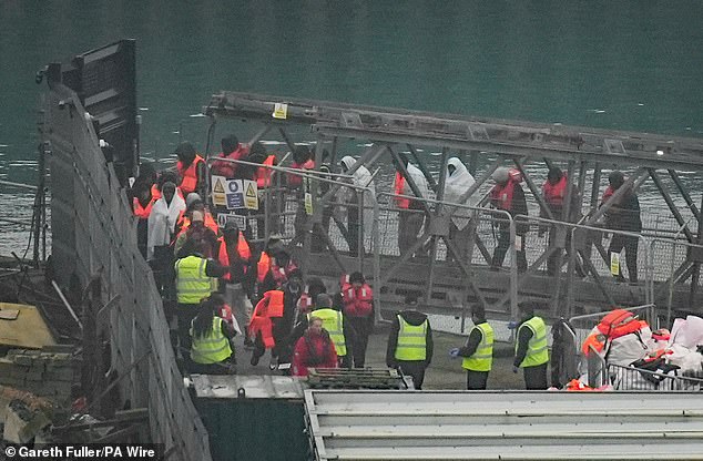 A group of people thought to be migrants are brought in to Dover, Kent, from a Border Force vessel following a small boat incident in the Channel (file photo)