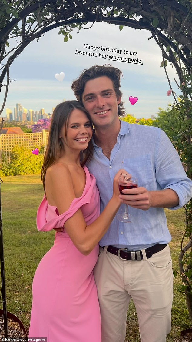 The first showed the couple huddling close and beaming broadly as Henry held a glass or red wine. 'Happy birthday to my favourite boy @henrypoole,' Lucia captioned the romantic photo
