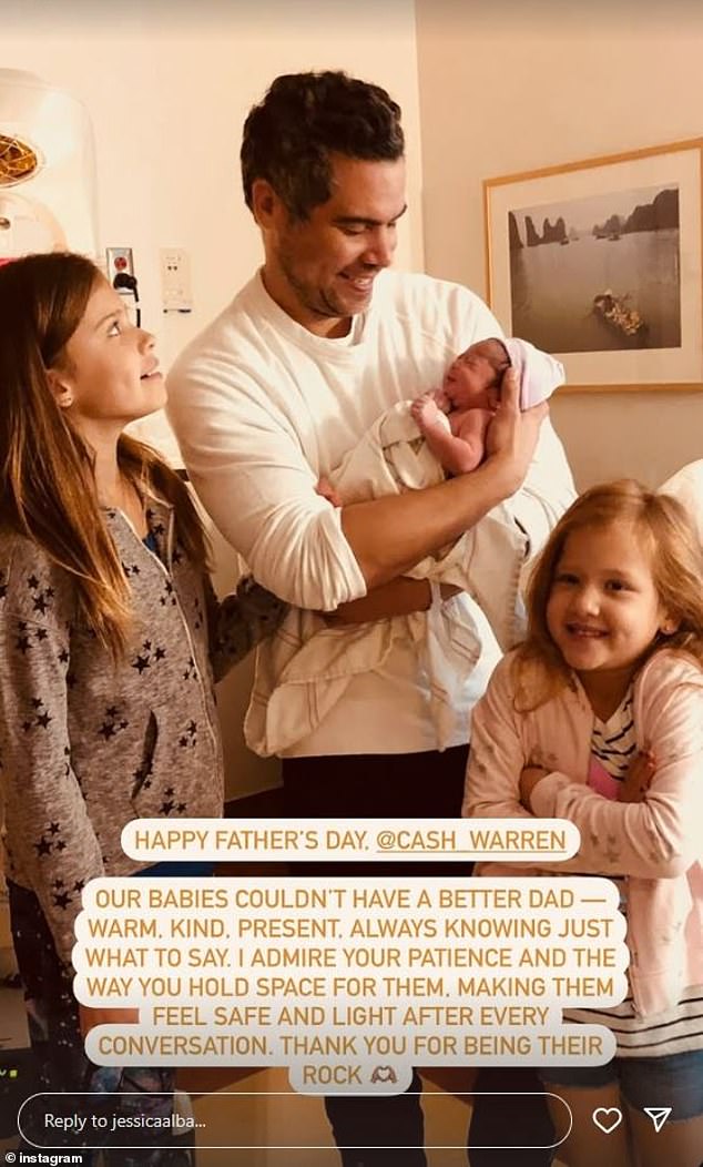 Alba wrote a sweet message to her soon-to-be ex, on this flashback photo, with their then infant son Hayes and daughters Honor and Haven, praising him for his fine qualities as a father