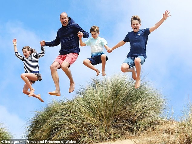Last year, Kate shared a fun portrait showing the heir to the throne leaping in the air with his three children as they all jumped