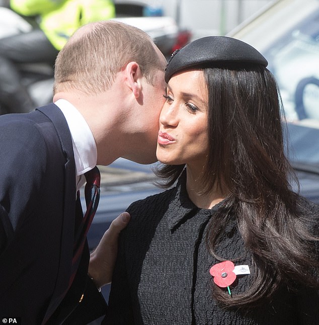 Pictured: William greets Meghan as they arrive for the annual Service of Commemoration and Thanksgiving at Westminster Abbey in 2018