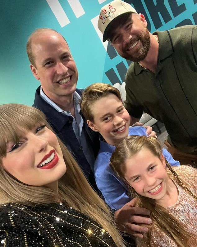 Tell them how the crowds went wild: Taylor Swift posed with William and his two children backstage before one of her five-nights performing at Wembley last year