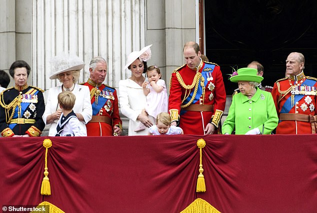 Kate and William are pictured alongside the late Queen watching the flypast from the balcony of Buckingham Palace during Trooping The Colour in 2016