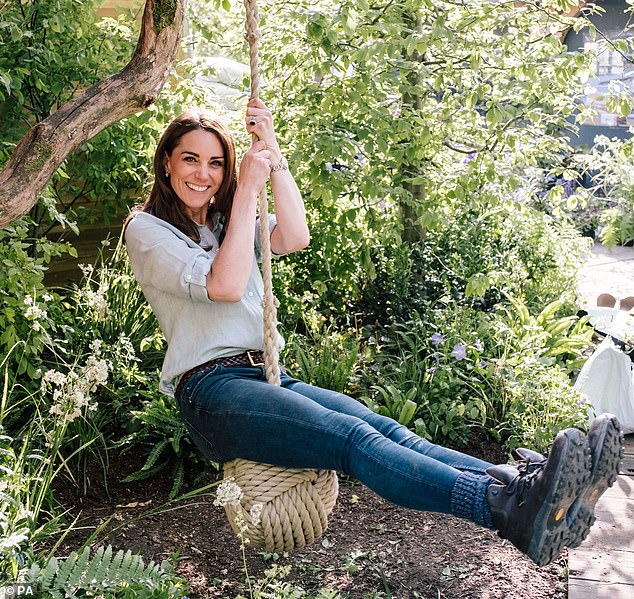 Princess Kate as the Chelsea Flower Show on a rope swing slung in 2019