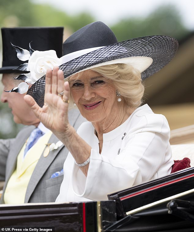 Queen Camilla (pictured) also seemed pleased to be attending Royal Ascot, and she smiled as she waved at royal watchers