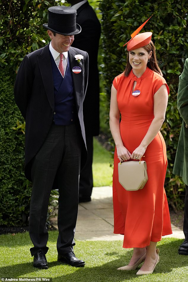 Princess Eugenie (seen with her husband Jack Brooksbank) looked striking in a full length red gown, which she paired with a hat in the same hue, and nude pumps as she attended Ascot on Saturday