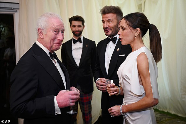 David and Victoria are pictured with King Charles during a dinner at Highgrove House, Tetbury in February 2025