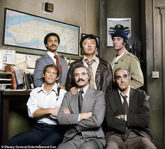 Linden also reflected on how Barney Miller stood out for its realism, especially compared to the flashy cop shows of the time; (Pictured, top row: Ron Glass (Det. Ron Glass), Jack Soo (Det. Nick Yemana), Gregory Sierra (Det. Sgt. Chano Amenguale); bottom row: Maxwell Gail (Det. Stanley "Wojo" Wojohowicz), Hal Linden (Capt. Barney Miller), Abe Vigoda (Det. Phil Fish))