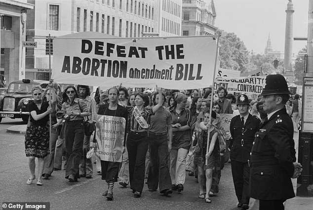 Protesters march against a proposed amendment to the Abortion Bill in London, in June 1975