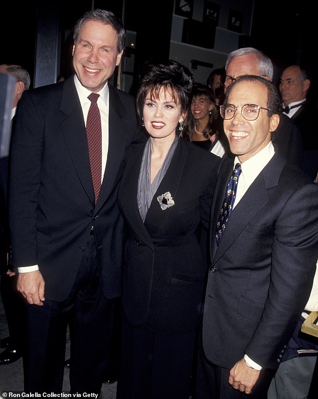 Jeffrey's (R) career began when he joined Paramount in 1974, and was promoted to work directly under Head of Production Michael Eisner (L) (Pictured with actress Marie Osmond)