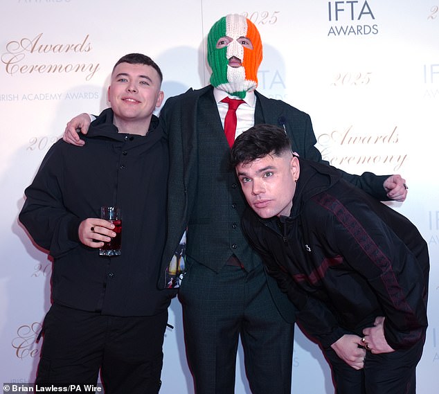 (From left) Kneecap band members Mo Chara, JJ O'Dochartaigh and Moglai Bap at the Irish Film and Television Academy (Ifta) Awards at the Dublin Royal Convention Centre in February