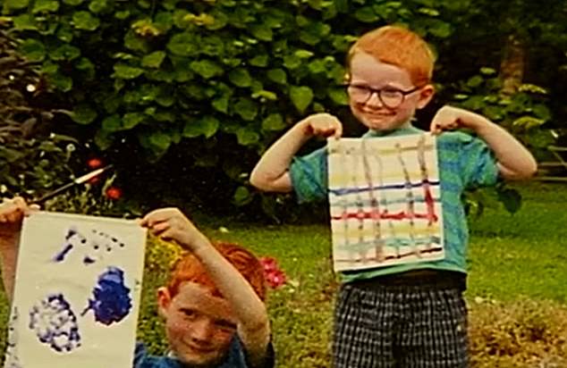 Another image pictures Ed and his brother showing off their painting skills