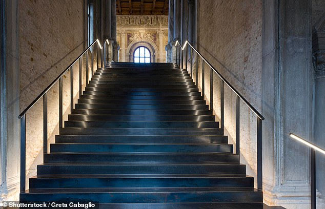 A source in Italy has revealed to MailOnline that the couple will officially tie the knot on June 27. Pictured: The main staircase of the historic building of La Misericordia