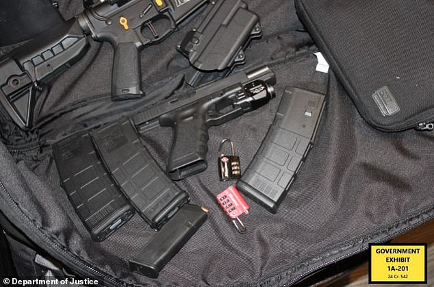 Manhattan federal prosecutors released a trove of pictures on Thursday, which were entered as exhibits in Sean 'Diddy' Combs ongoing criminal trial. Pictured above are some of the weapons found at the rap mogul's Los Angeles mansion