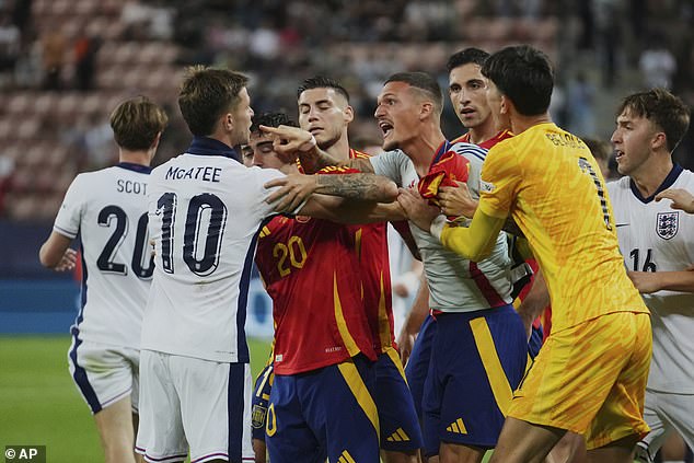 England and Spain's U21s stars clashed at full time after Lee Carsley's men reached the semis