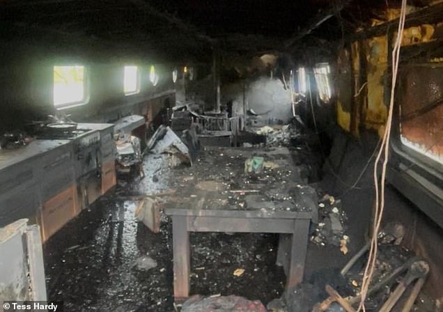 After: Little is recognisable aboard the fire-ravaged canal boat