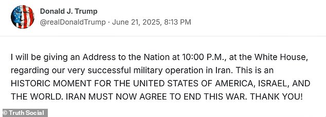 President Donald Trump posted to Truth Social Saturday evening that he would be giving an address to the nation at 10 p.m.