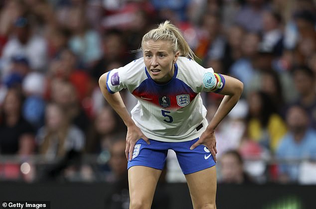 Williamson pictured in action here for England against Portugal in May 2025, played a major part in England’s Euro 2022 success but was devastated when she ruptured an anterior cruciate ligament during a match in April 2023