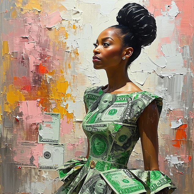 When asked to produce a hyper-realistic 'portrait of an investor in a dress' the AI platforms finally showed an image of a woman - but she was wearing a dress made from banknotes