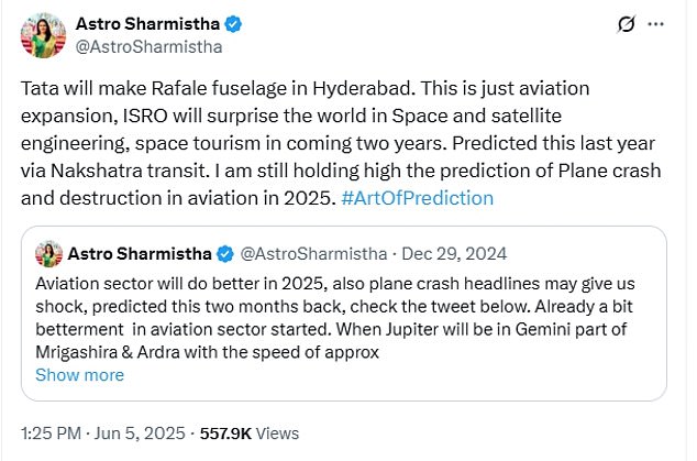 The astrologer's shocking prediction began trending on social media just hours after the Air India flight bound for London Gatwick crashed and exploded into a fireball
