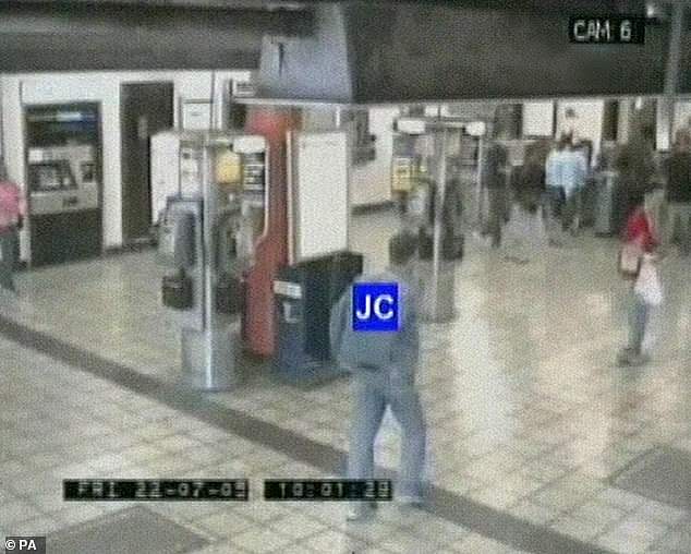 The firearm officers, who had only been given a 'ten-second glimpse' of the real target prior to the botched operation, had tracked Mr Menezes (marked here as JC) down while on his way to work. Pictured: CCTV footage captures Mr Menezes' final moments before being shot dead