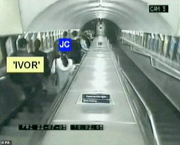 After being given the go-ahead by bosses for armed deployment, Mr Menezes was shot seven times in the head at point-blank range in a packed carriage during the morning rush hour. Pictured: CCTV footage of Mr Menezes (marked as JC) as he is pursued by a surveillance officer (marked 'Ivor')