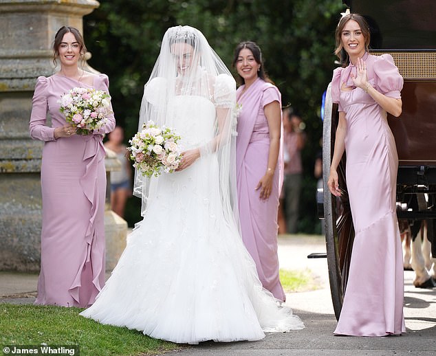 And the bridesmaids wore violet! The brides' sisters, Lady Eliza, far left, and Lady Alice, far right were joined as bridesmaids by close friend Devisha Kumari Singh