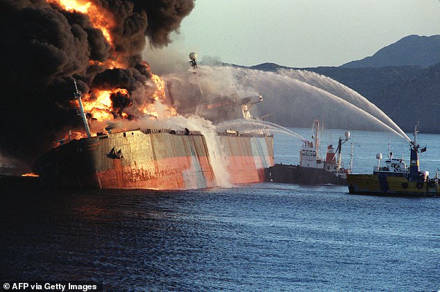 An oil tanker attacked by Iran near the Strait of Hormuz in 1987 during the so-called 'Tanker War' that sent crude prices soaring