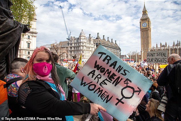 Opponents have said they fear the ruling could put trans and non-binary people at renewed risk of attacks and discrimination. Pictured: Trans rights activists protest the Supreme Court ruling in London in April