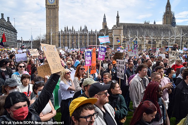 Judge Lord Hodge recognised 'the strength of feeling on both sides' and cautioned against seeing the judgement as 'a triumph for one side over another'. Pictured: Pro-trans rights demonstrators protest the ruling in London in April