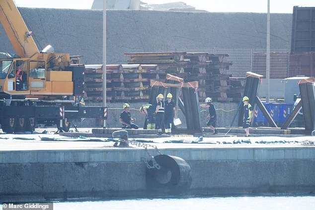 MailOnline was able to watch a team of workmen in the 30c heat on the quayside at Termini Imerese putting together what appeared to resemble a Meccano set