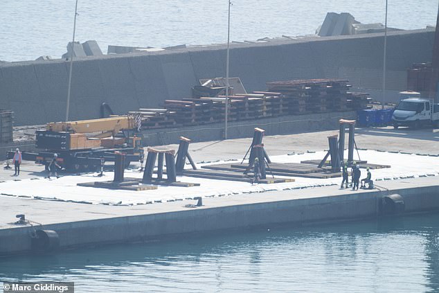 Five sets of stilts could be seen on the dockside, and it is here that Bayesian will be gently placed when she arrives from site where she sank