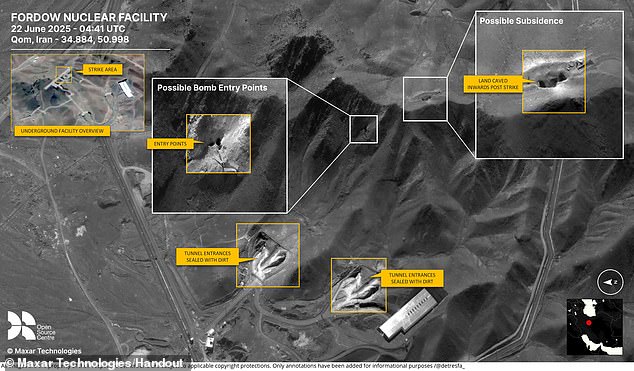 Satellite imagery of the Fordow Nuclear Facility in Qom, Iran, after a reported strike on June 22, 2025