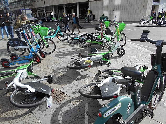 A gallery of recent images assembled by MailOnline shows how frequently the e-bikes have been dumped in locations that make them a menace for pedestrians or a danger to motorists