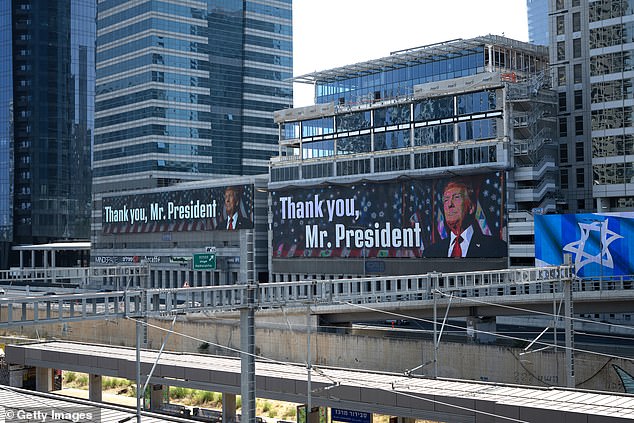 Digital billboards display a message thanking US President Donald Trump for his administration's strikes on Iranian nuclear sites