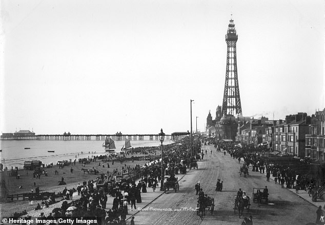 The promenade in Blackpool seen in the late 1890s. The famous tower was completed in 1894