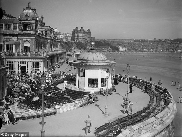 Looking towards the bandstand and down the sea front at Scarborough, 1945