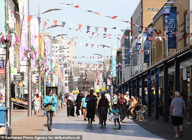 Locals say there has been an 'explosion' in violence and sexual crime in Southend-On-Sea. Above: The High Street in August last year