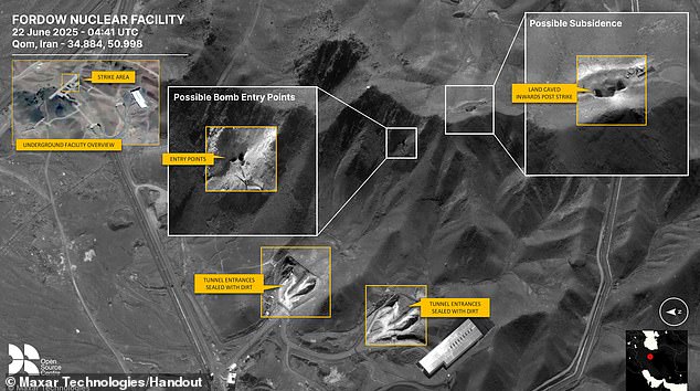 The satellite imagery shows the exact 'strike area', which the B-2 stealth bombers hit as well as possible bomb 'entry points' in Fordow