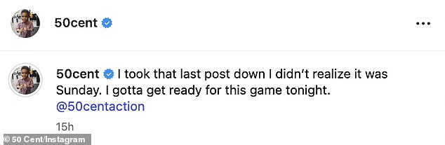 50 Cent later took the post about Censori down, saying he 'didn't realize it was Sunday' when he posted it