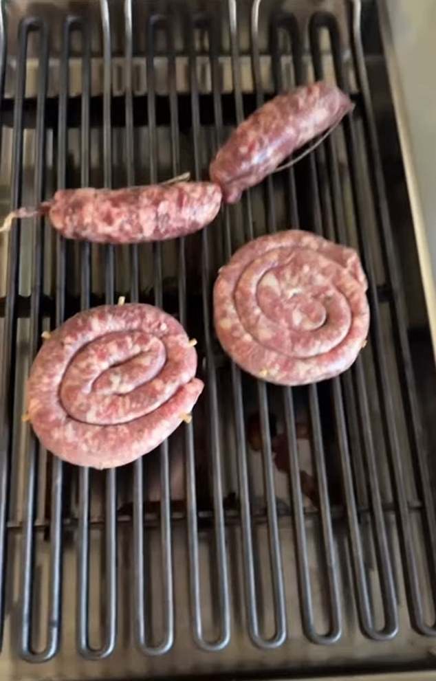 The Goop founder then put butter in a pan and started making her hash browns, before putting a few sausage links and a few curled Cumberland sausages on the grill