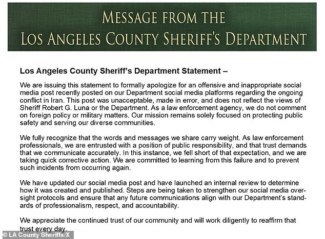 The sheriff's office promptly deleted the post and issued a lengthy apology (shown above)